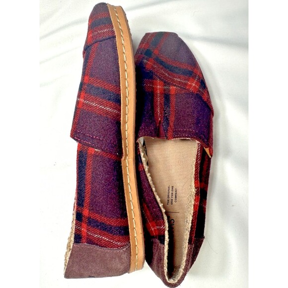 TOMS ALPARGATA LEATHER WRAP BARN RED PLAID SHEARLING LINED SHOES W10 - Picture 6 of 9